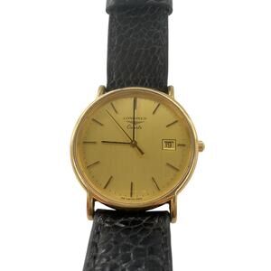 Longines Quartz Gold Tone 33mm Date Black Leather Strap Swiss Made Watch